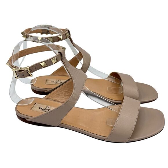 Valentino Rockstud Ankle Strap Leather Sandals Beige Size 8 - Picture 4 of 10